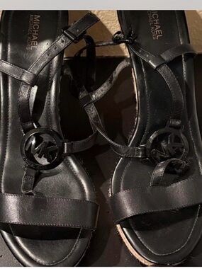 Michael Kors Black Leather MK Logo T-Strap Sandals